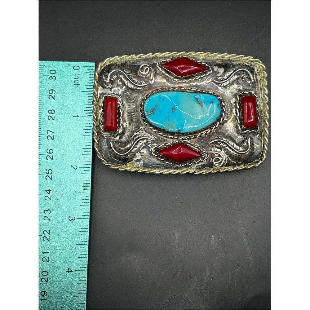 Vintage Silver Belt Buckle With Turquoise Coral And Agate - Picture 6 of 6